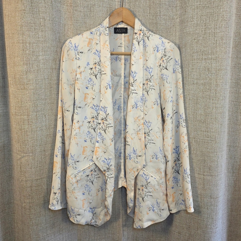 ASTR Floral Open Front Blazer Women L Cream Blue Orange Asymmetrical Lightweight